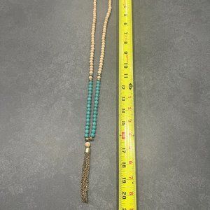 Turquoise and Cream beaded necklace with gold tassel
